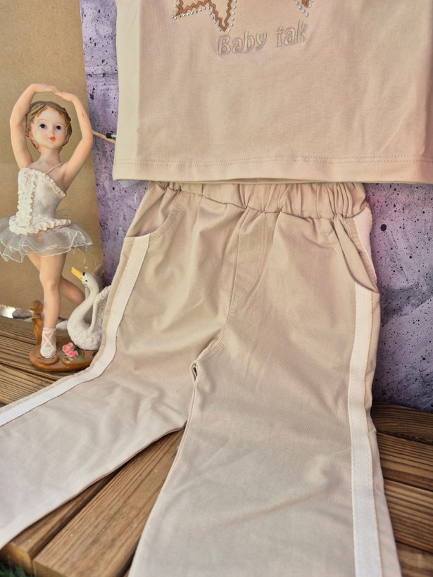 ست تیشرت و شلوار سوپر نخ مجلسی راحتی دخترانه گلدوزی شلوار اسلش لاکرا پنبه جنس درجه ۱
