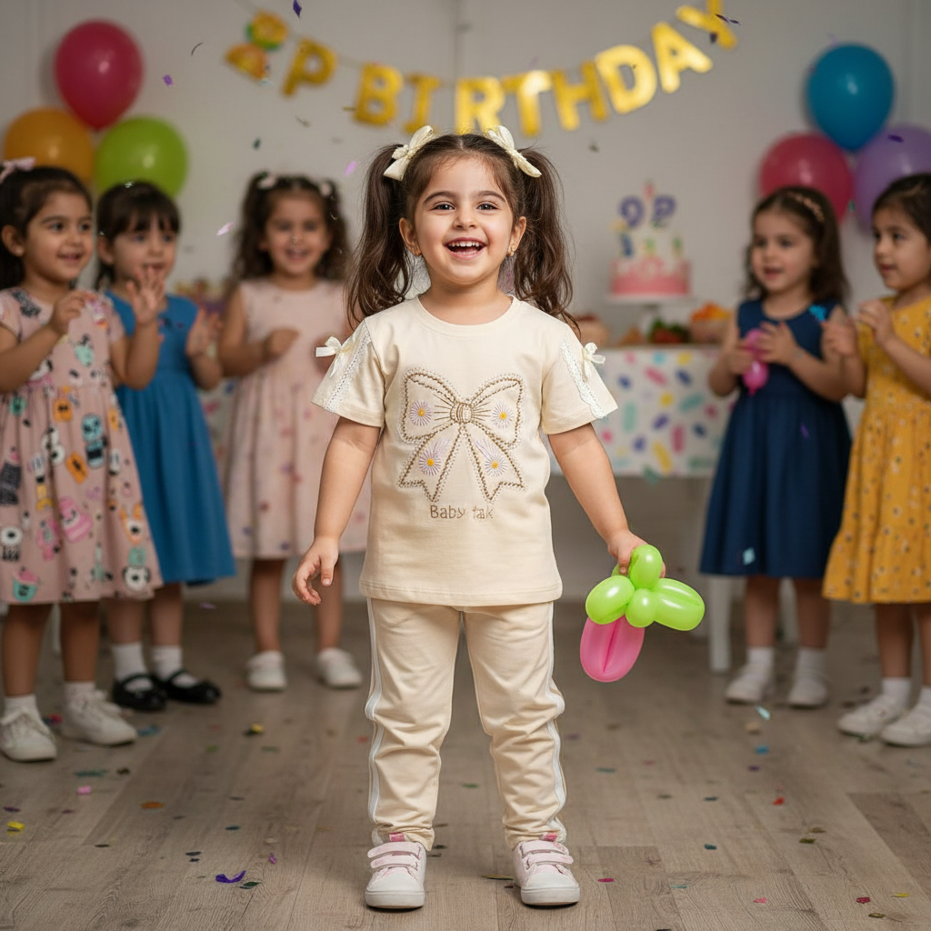 ست تیشرت و شلوار سوپر نخ مجلسی راحتی دخترانه گلدوزی شلوار اسلش لاکرا پنبه جنس درجه ۱